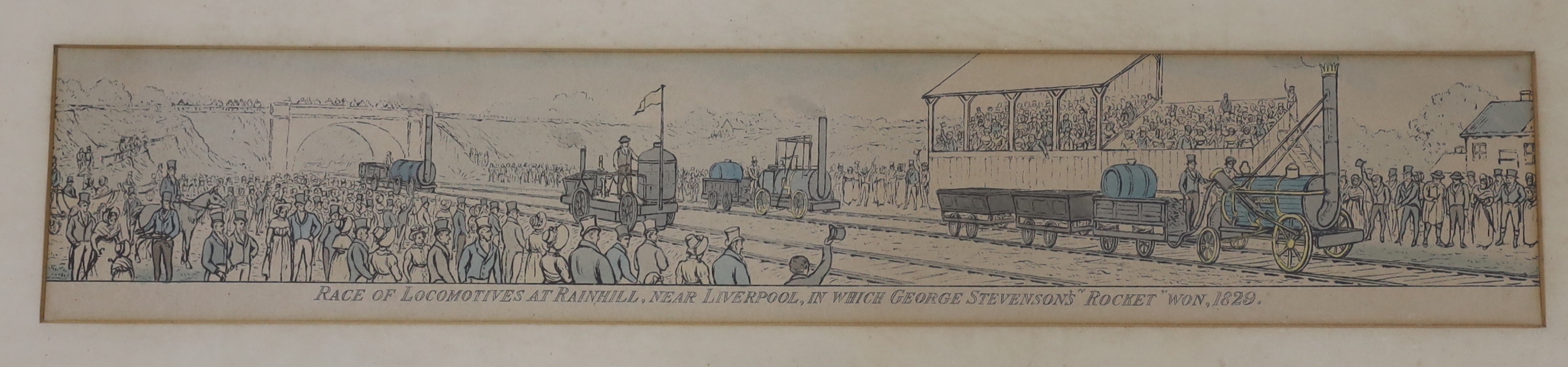 19th century, set of four colour railway lithographs including ‘First class train on the Liverpool and Manchester Railway, 1833’, 9.5 x 52cm